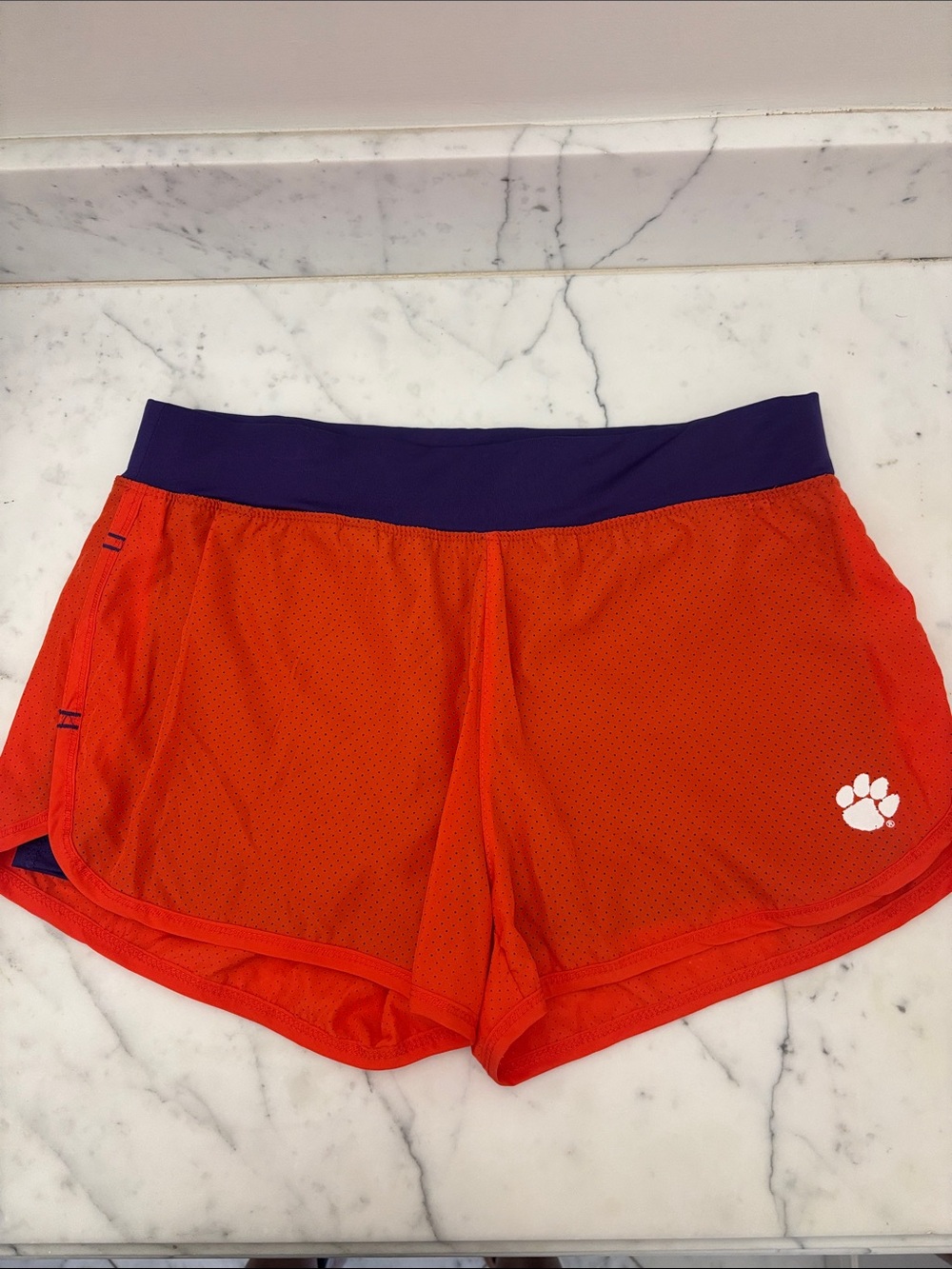 Women's Clemson Tigers Orange Athletic Shorts with Purple Waistband